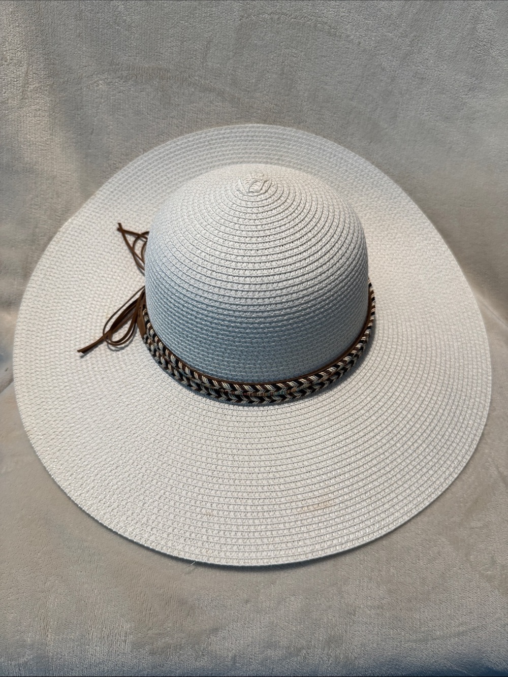 White Wide Brim Sun Hat with Braided Brown Band